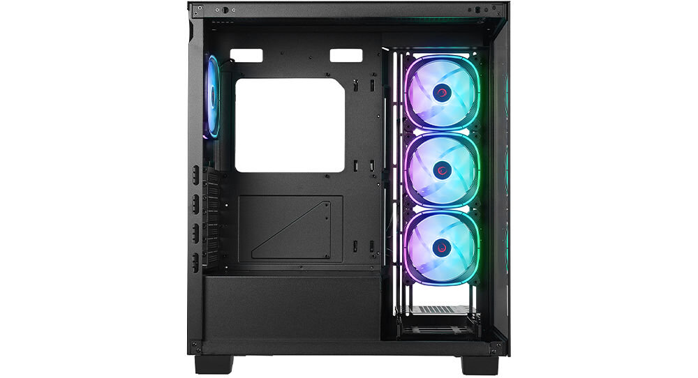 Rampage Hydra V1 Obudowa PC 4x wentylator USB C/USB A ARGB + hub E-ATX, czarna kontroler ARGB personalizacja podświetlenia wentylatorów dostosowanie kolorów i efektów świetlnych unikalny wyglad obudowy dynamiczne animacje świetlne dedykowane oprogramowanie fizyczny przełącznik na obudowie pełna kontrola