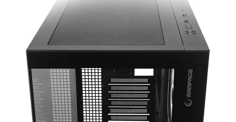 Rampage Hydra V1 Obudowa PC 4x wentylator USB C/USB A ARGB + hub E-ATX, czarna przedni panel obudowy siatka mesh skuteczna poprawa wentylacji swobodne dostosowanie do wnętrza obudowy optymalne warunki pracy panel mesh bariera przeciwkurzowa wydajnosc estetyka