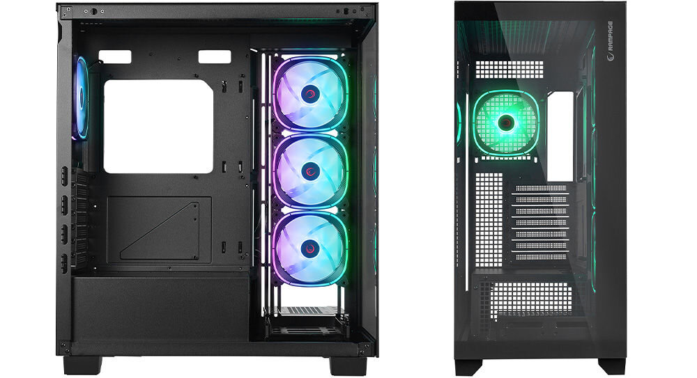 Rampage Hydra V1 Obudowa PC 4x wentylator USB C/USB A ARGB + hub E-ATX, czarna boczny panel hartowane szkło przezroczysta konstrukcja podziwianie podzespołów efekty świetlne ARGB wytrzymałe szkło odporne na zarysowania trwałość bezpieczeństwo elegancki wygląd dobrze zaprojektowany system zarządzania kablami