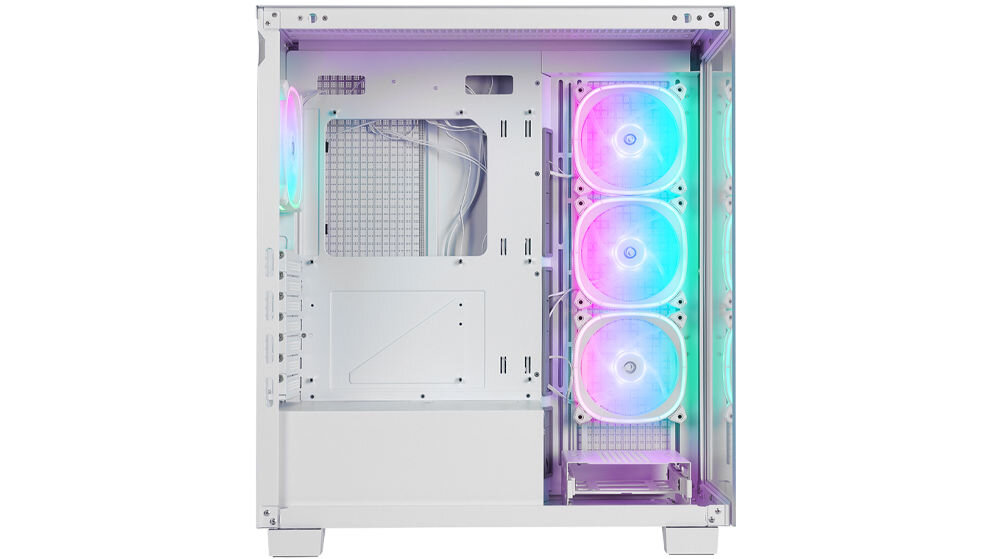 Rampage Hydra V1 Obudowa PC 4x wentylator USB C/USB A ARGB + hub E-ATX, biała kontroler ARGB personalizacja podświetlenia wentylatorów dostosowanie kolorów i efektów świetlnych unikalny wyglad obudowy dynamiczne animacje świetlne dedykowane oprogramowanie fizyczny przełącznik na obudowie pełna kontrola