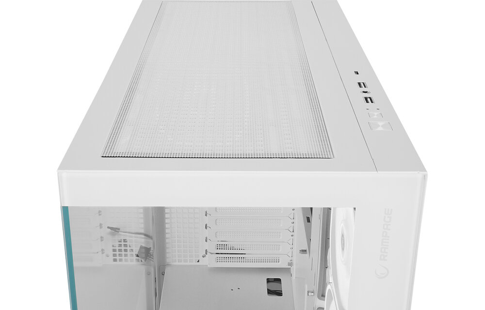 Rampage Hydra V1 Obudowa PC 4x wentylator USB C/USB A ARGB + hub E-ATX, biała przedni panel obudowy siatka mesh skuteczna poprawa wentylacji swobodne dostosowanie do wnętrza obudowy optymalne warunki pracy panel mesh bariera przeciwkurzowa wydajnosc estetyka