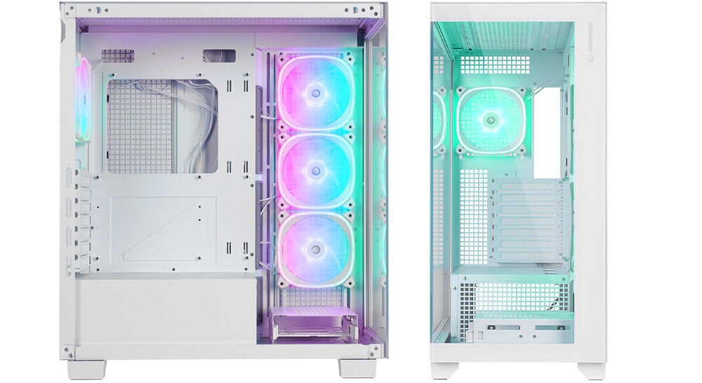Rampage Hydra V1 Obudowa PC 4x wentylator USB C/USB A ARGB + hub E-ATX, biała boczny panel hartowane szkło przezroczysta konstrukcja podziwianie podzespołów efekty świetlne ARGB wytrzymałe szkło odporne na zarysowania trwałość bezpieczeństwo elegancki wygląd dobrze zaprojektowany system zarządzania kablami