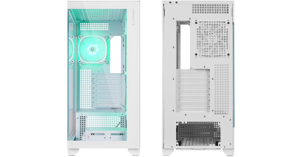 Rampage Hydra V1 Obudowa PC 4x wentylator USB C/USB A ARGB + hub E-ATX, biała zarządzanie okablowaniem estetyczne funkcjonalne uporządkowanie wnętrza specjalne przelotki przestrzeń za tacką na płytę główną prosty montaż podzespołów schludny wygląd