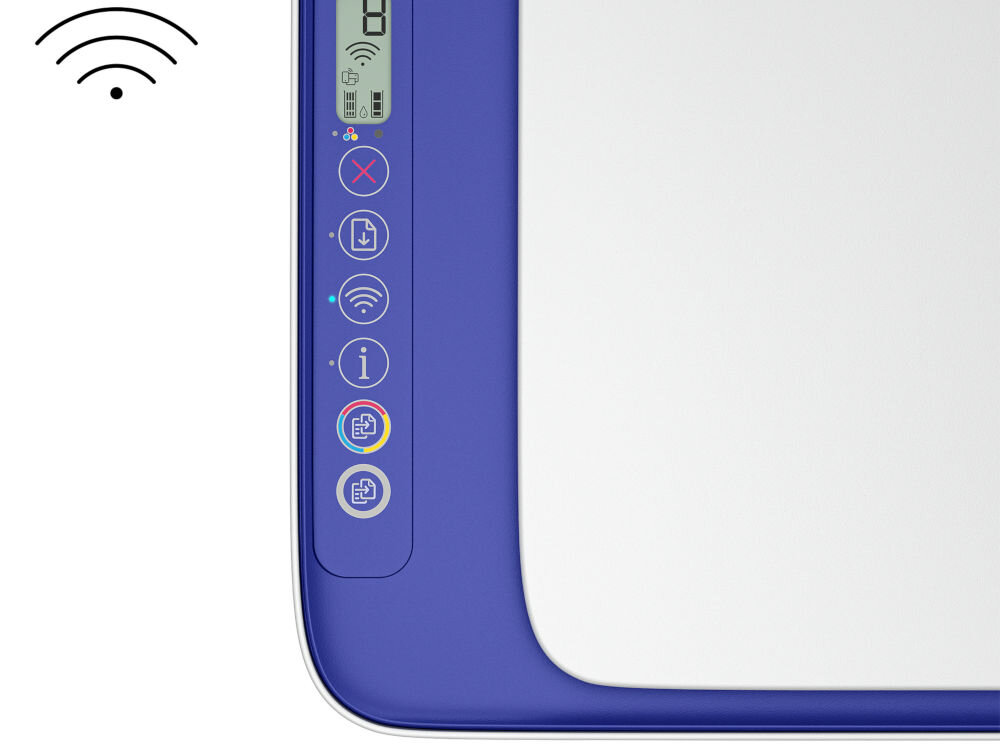 Urządzenie wielofunkcyjne HP DeskJet 2821e Druk w kolorze, Wi-Fi, Instant Ink zbliżenie na panel urządzenia na białym tle ikona Wi-Fi łącze bezprzewodowe Wi-Fi 802.11b g n automatyczne przywracanie połączenia
