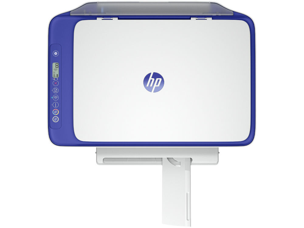 Urządzenie wielofunkcyjne HP DeskJet 2821e Druk w kolorze, Wi-Fi, Instant Ink prezentacja urządzenia od góry na białym tle prędkość druku kolorowego 5.5 str min wydruk pierwszej strony sprawna realizacja