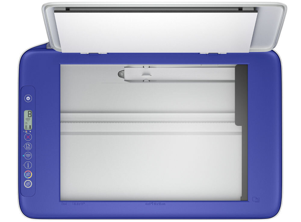 Urządzenie wielofunkcyjne HP DeskJet 2821e Druk w kolorze, Wi-Fi, Instant Ink prezentacja urządzenia od góry na białym tle otwarty skaner kopiowanie skanowanie 1200 dpi digitalizacja dokumentów