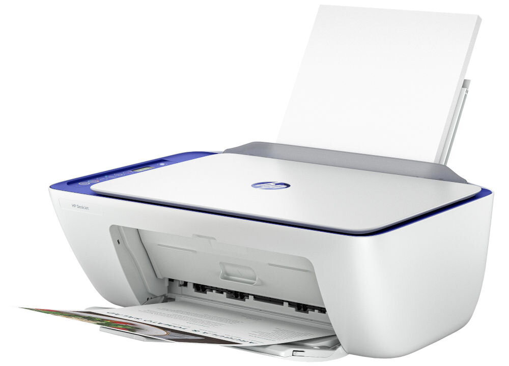 Urządzenie wielofunkcyjne HP DeskJet 2821e Druk w kolorze, Wi-Fi, Instant Ink prezentacja urządzenia od przodu pod kątem na białym tle w podajniku białe kartki w tacy odbiorczej kartka pojemnik na papier 60 arkuszy taca odbiorcza serie dokumentów różne nośniki wymiary elastyczne dopasowanie