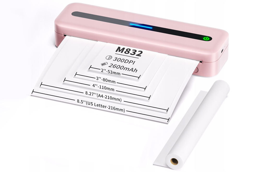 Drukarka PHOMEMO M832 Złącze USB różowy praktyczna i oszczędna, drukuje w technologii druku termicznego, nie wymaga użycia ani tonera, ani tuszu, koszty eksploatacyjne ograniczają się wyłącznie do zakupu papieru
szeroki wybór rozmiarów papieru 216 mm (US Letter), 210 mm (A4), 110 mm, 80 mm i 53 mm, wygodne mocowanie papieru, możliwość zamocowania: na rolce, pojedynczego arkusza lub papieru składanego produkt na białym tle, możliwe formaty do wydruku, rolka papieru