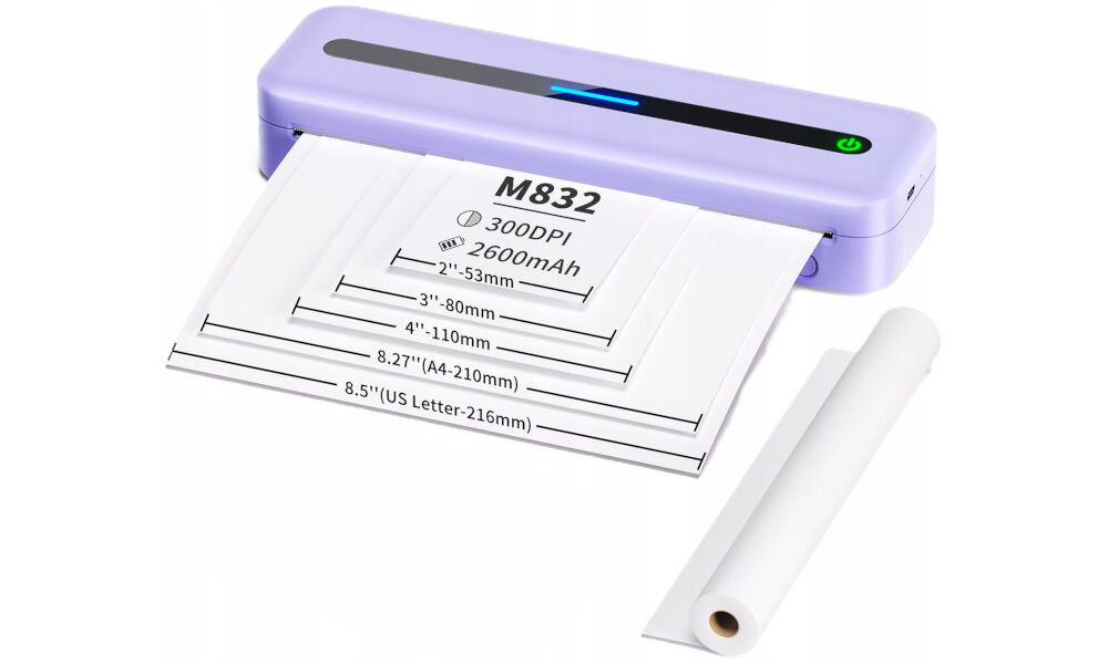 Drukarka PHOMEMO M832 Złącze USB fioletowy praktyczna i oszczędna, drukuje w technologii druku termicznego, nie wymaga użycia ani tonera, ani tuszu, koszty eksploatacyjne ograniczają się wyłącznie do zakupu papieru
szeroki wybór rozmiarów papieru 216 mm (US Letter), 210 mm (A4), 110 mm, 80 mm i 53 mm, wygodne mocowanie papieru, możliwość zamocowania: na rolce, pojedynczego arkusza lub papieru składanego produkt na białym tle, możliwe formaty do wydruku