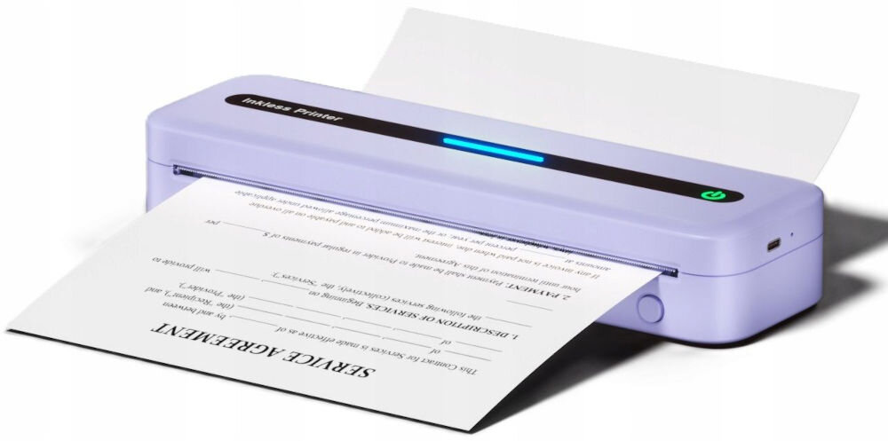 Drukarka PHOMEMO M832 Złącze USB fioletowy wysoka jakość druku w rozdzielczości 300 dpi, dobre odwzorowanie szczegółów i kontrastów, wydruk log, rysunków technicznych i ilustracji z zachowaniem precyzyjności produkt na białym tle