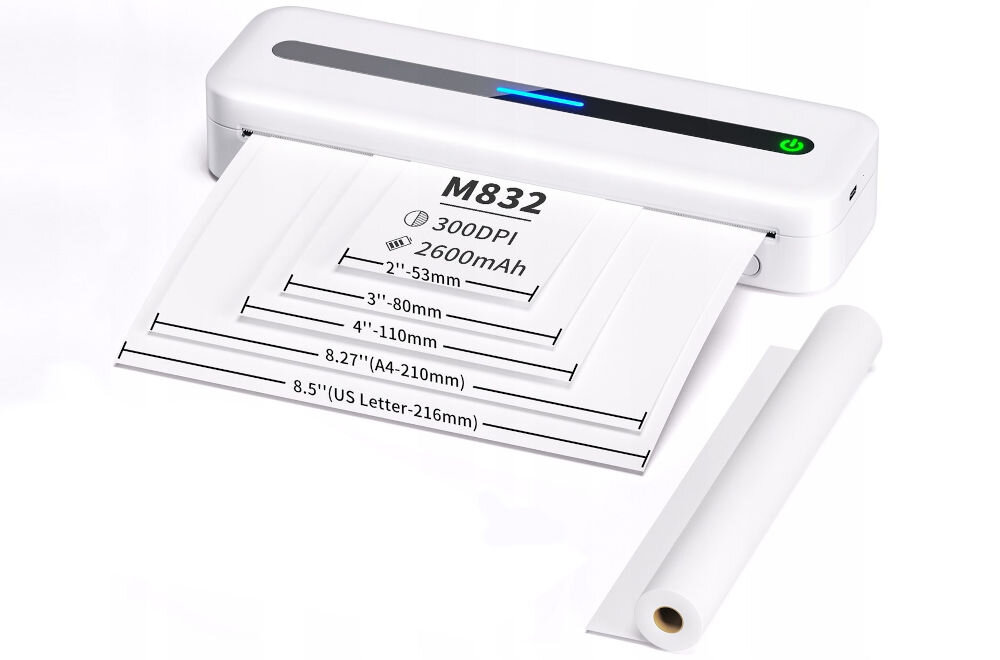 Drukarka PHOMEMO M832 Złącze USB biały praktyczna i oszczędna, drukuje w technologii druku termicznego, nie wymaga użycia ani tonera, ani tuszu, koszty eksploatacyjne ograniczają się wyłącznie do zakupu papieru
szeroki wybór rozmiarów papieru 216 mm (US Letter), 210 mm (A4), 110 mm, 80 mm i 53 mm, wygodne mocowanie papieru, możliwość zamocowania: na rolce, pojedynczego arkusza lub papieru składanego produkt na białym tle, możliwe formaty do wydruku, rolka papieru