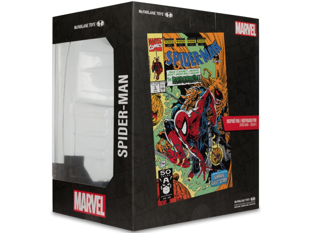 Figurka MCFARLANE Marvel Spider-Man charakteryzuje się wysoką ilością detali i bardzo wiernym malowaniem osadzona na podstawce z nazwą postaci w zestawie znajduje się kolekcjonerska karta z grafiką okładki
komiksu oraz informacjami na odwrocie