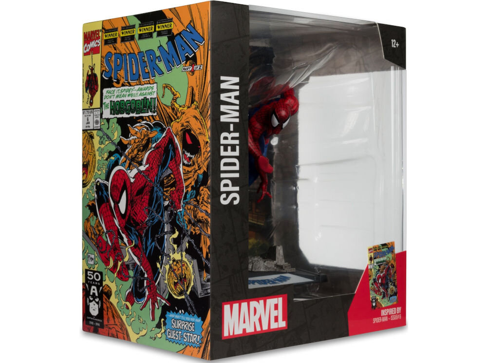 Figurka MCFARLANE Marvel Spider-Man zapakowana w bardzo estetyczne pudełko z okienkiem i ozdobione kolorową grafiką nawiązującą do tematyki doskonały prezent dla fana postaci oraz kolekcjonera figurek z superbohaterami / złoczyńcami ze świata Marvela