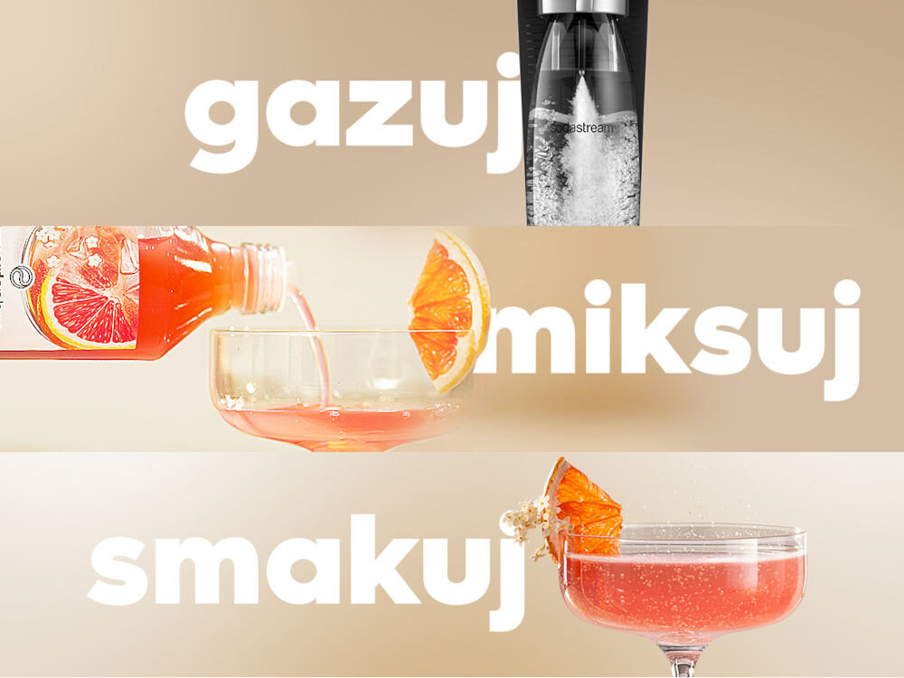 Syrop SODASTREAM Crafted Grejpfrut i Kwiat czarnego bzu 330 ml gazuj napełnienie butelki świeżą wodą nasycenie bąbelkami miksowanie dodanie syropu  smakowanie wymieszanie delektowanie się smakiem 