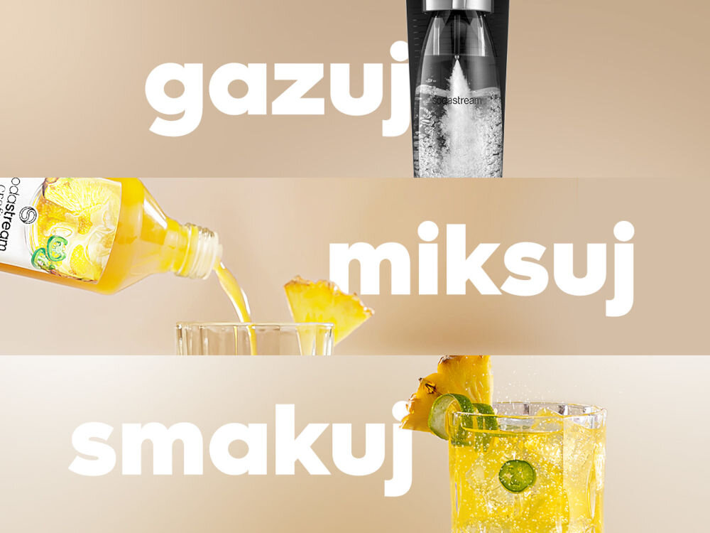 Syrop SODASTREAM Crafted Ananas i Jalapeno 330 ml gazuj napełnienie butelki zimną wodą nagazowanie bąbelkami miksowanie dodanie syropu stworzenie moktajlu lub koktajlu smakowanie delektowanie się smakiem