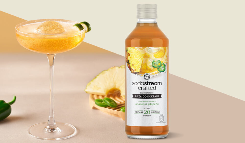 Syrop SODASTREAM Crafted Ananas i Jalapeno 330 ml nieoczywisty smak słodkie wytrawne kwasne nuty moktajle koktajle modne drinki owocowe lemoniady wiele odsłon zalecane proporcje moktajl część bazy 10 części wody gazowanej koktajl część bazy 10 części wody gazowanej 2 części alkoholu