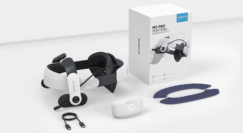Pasek BOBOVR M3 Pro + Akumulator
			prezentacja paska akumulatora oraz akcesoriów i opakowania na jasnym tle pasek odciążający dla posiadaczy Oculus Quest 3 Quest 3S ergonomia dokładna regulacja akumulator w zestawie
