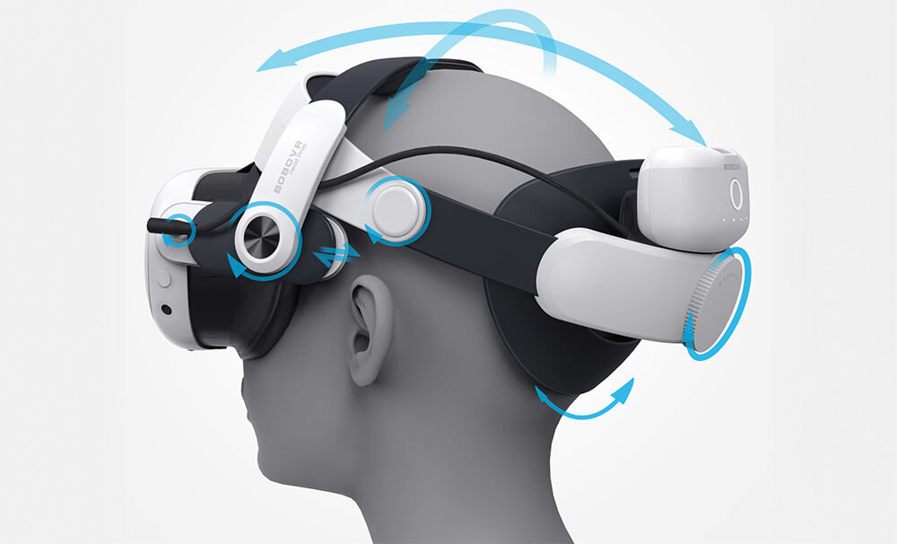 Pasek BOBOVR M3 Pro + Akumulator
			wizualizacja na głowie założonego pasa z okularami i dodatkowym akumulatorem pokazanie możliwej regulacji na jasnym tle odciążenie twarzy ogranicza uczucie zmęczenia regulacja w wielu punktach akumulator waga wygoda