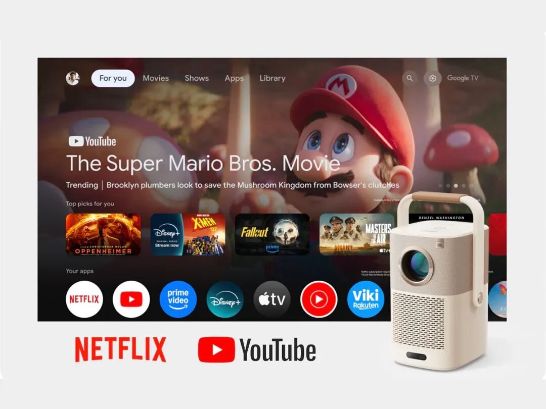 Projektor YABER T2 Plus - Google TV z 7000+ apek, projektor po skosie, ekran startowy google TV