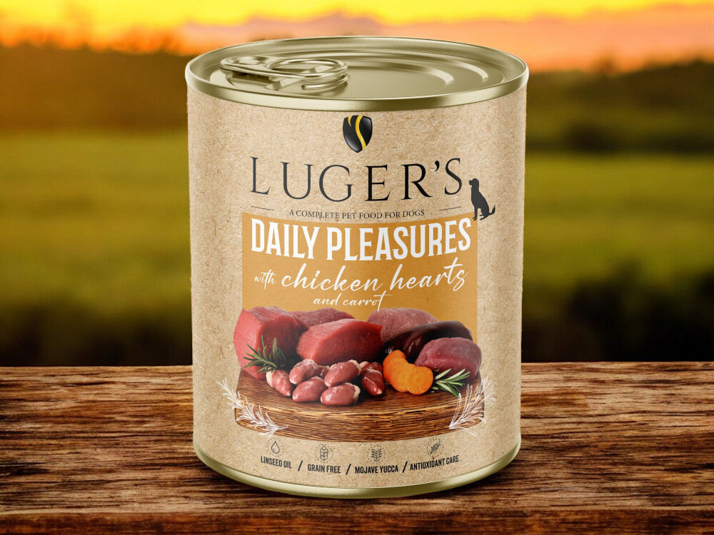 Karma dla psa LUGER'S Daily Pleasures serca z kurczaka z marchewką 800 g karma w puszce na blacie