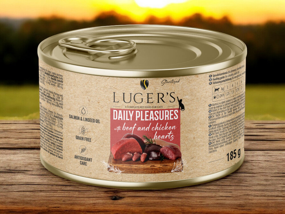 Karma dla kota LUGER'S Daily Pleasures wołowina i serca z kurczaka 185 g karma w na blacie