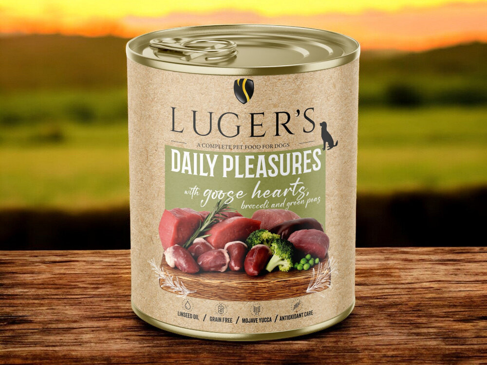 Karma dla psa LUGER'S Daily Pleasures z sercami gęsi, brokułami i zielonym groszekiem 800 g karma w puszce na blacie