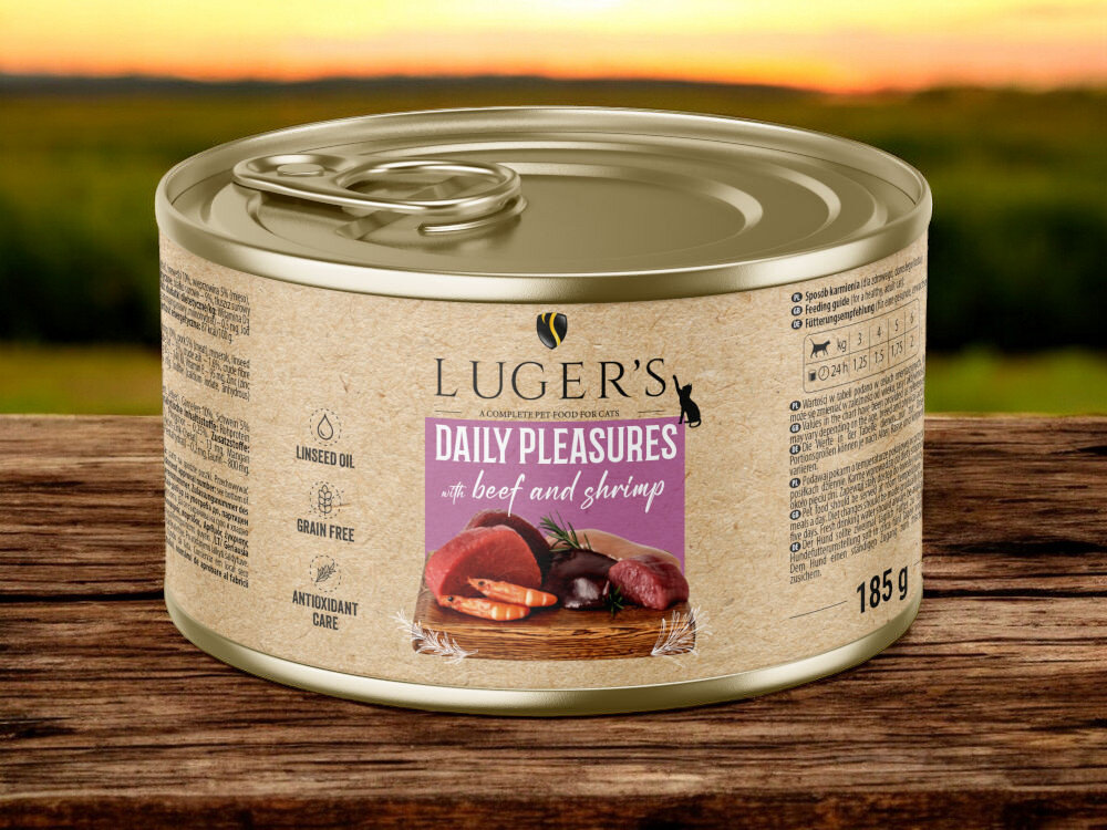 Karma dla kota LUGER'S Daily Pleasures wołowina z krewetkami 185 g karma w na blacie