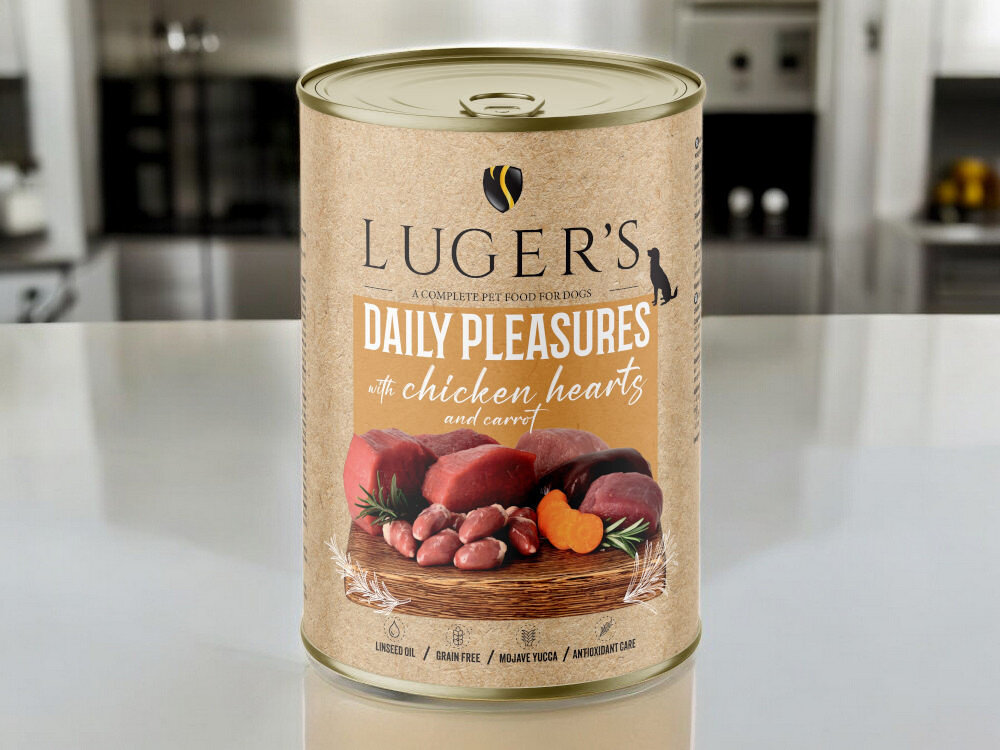 Karma dla psa LUGER'S Daily Pleasures serca z kurczaka z marchewką 400 g karma w puszce na blacie