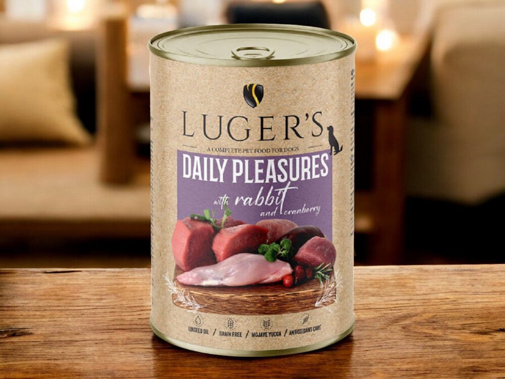 Karma dla psa LUGER'S Daily Pleasures królik z żurawiną 400 g karma w puszce na blacie