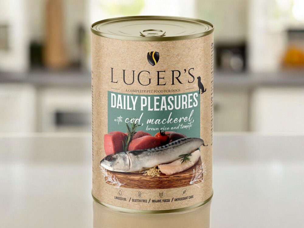 Karma dla psa LUGER'S Daily Pleasures z dorszem, makrelą, pomidorem i ryżem brązowym 400 g karma w puszce na blacie