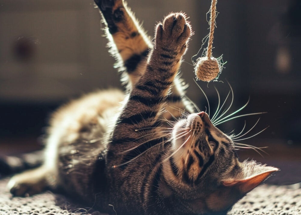 Karma dla kota LUGER'S Kitten's Time z cielęciną i krewetkami (10 x 85 g) bawiący się kot