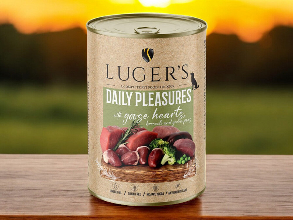 Karma dla psa LUGER'S Daily Pleasures serca gęsi, brokuł i zielony groszek 400 g karma w puszce na blacie