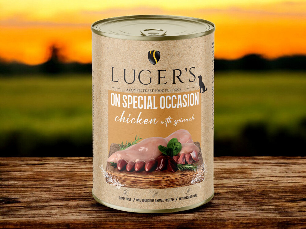 Karma dla psa LUGER’S On Special Occasion Kurczak ze szpinakiem 400 g karma w puszce na blacie