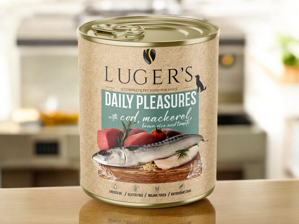 Karma dla psa LUGER'S Daily Pleasures z dorszem, makrelą, pomidorem i ryżem brązowym 800 g karma w puszce na blacie