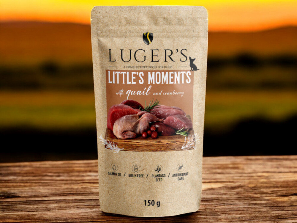 Karma dla psa LUGER’S Little's Moments Przepiórka z żurawiną 150 g karma w puszce na blacie