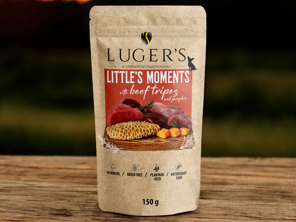 Karma dla psa LUGER’S Little's Moments Żołądki wołowe z dynią 185 g karma w puszce na blacie