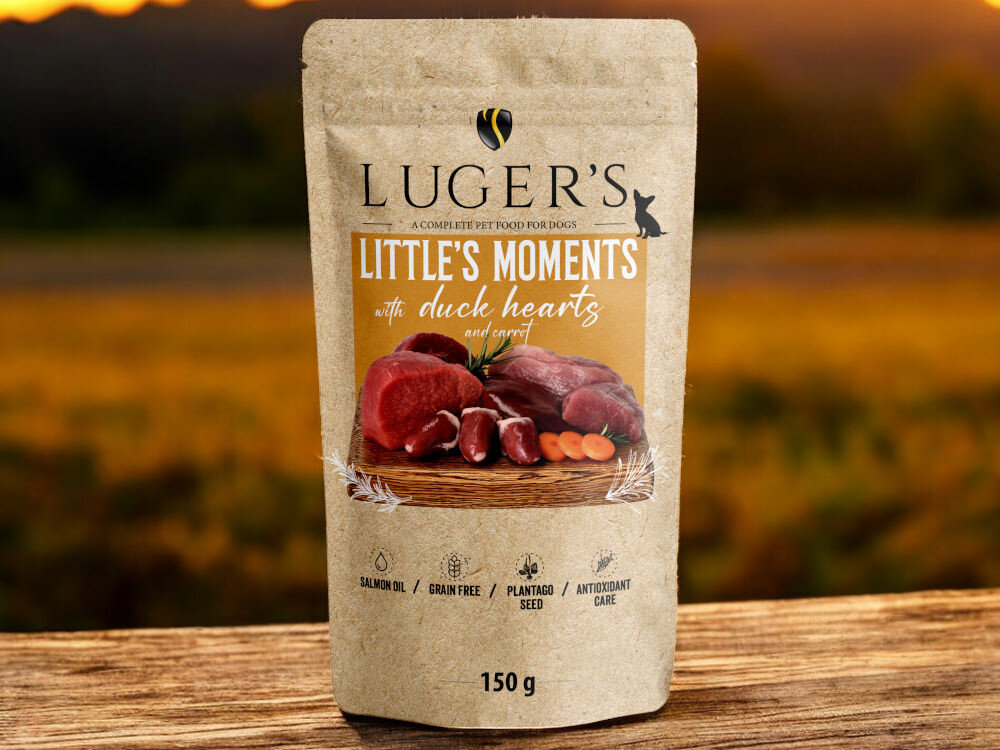 Karma dla psa LUGER’S Little's Moments z sercem z kaczki i marchewką 150 g karma w puszce na blacie