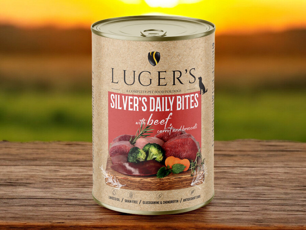Karma dla psa LUGER’S Silver's Daily Bites Wołowina, marchewka i brokuł 400 g karma w puszce na blacie