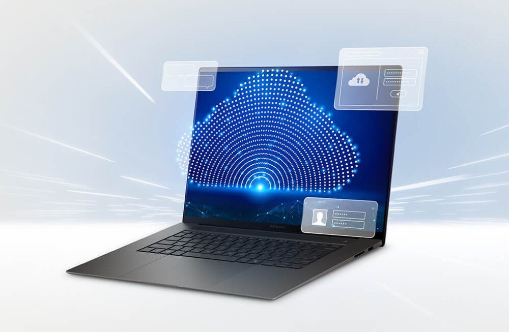 Router ASUS ZenWiFi BD4 Otwarty laptop z grafiką chmury z punktów świetlnych i nakładającymi się okienkami logowania