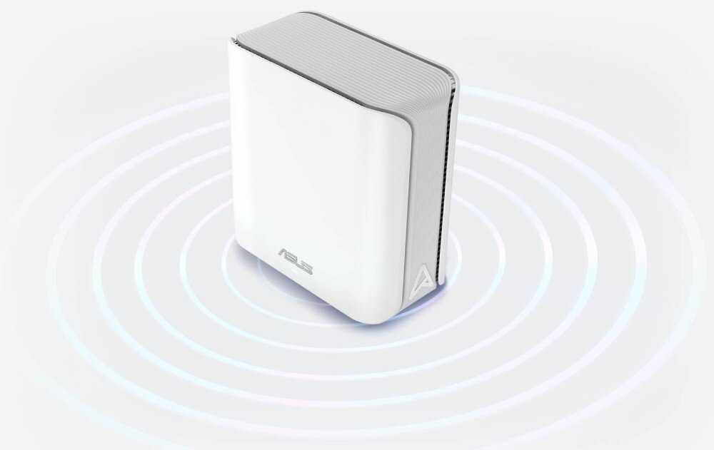 Router ASUS ZenWiFi BD4 Router widziany od góry pod kątem, otoczony rozchodzącymi się falami sygnału