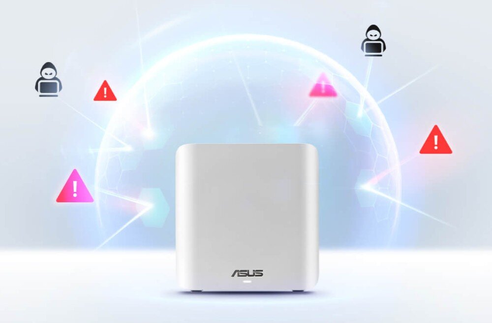 Router ASUS ZenWiFi BD4 Router pod świetlną tarczą ochronną odpierającą cyfrowe zagrożenia i ikony hakerów