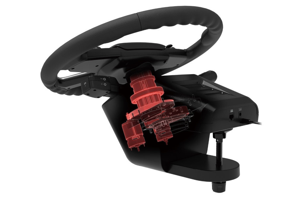 HORI Force Feedback Truck Control System dwa silniki Force Feedback trwałe stalowe przekładnie śrubowe Mechanizm zmianę nawierzchni i reakcje układu kierowniczego Uchwyt materiałem imitującym skórę aplikacji czułość kierownicy siłę Force Feedback - Przekrój podstawy kierownicy pokazujący silnik oraz wewnętrzny mechanizm przekładniowy wraz z uchwytem montażowym