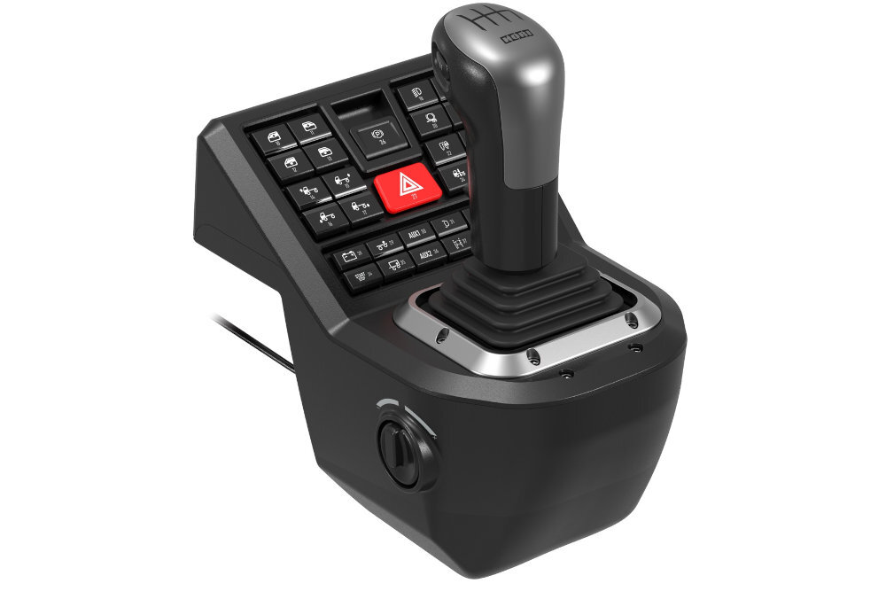 HORI Force Feedback Truck Control System panel sterowania z dźwignią zmiany biegów 34 przyciskami dwa tryby pracy układ H z sześcioma biegami do przodu i biegiem wstecznym tryb sekwencyjny funkcji Range-Splitter 18 przełożeń Panel zmiany biegów pokrętło regulacji oporu dźwigni - Moduł skrzyni biegów z dużą dźwignią, stacyjką oraz panelem dodatkowych przycisków funkcyjnych