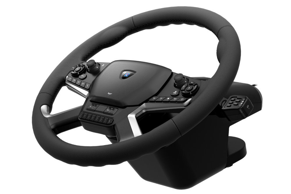 HORI Force Feedback Truck Control System Kierownicę i panel zmiany biegów solidnych zacisków przykręcić USB-A/USB-C długości 2,7 m - Widok z boku na kierownicę symulatora zamontowaną do podstawy z widocznymi manetkami bocznymi