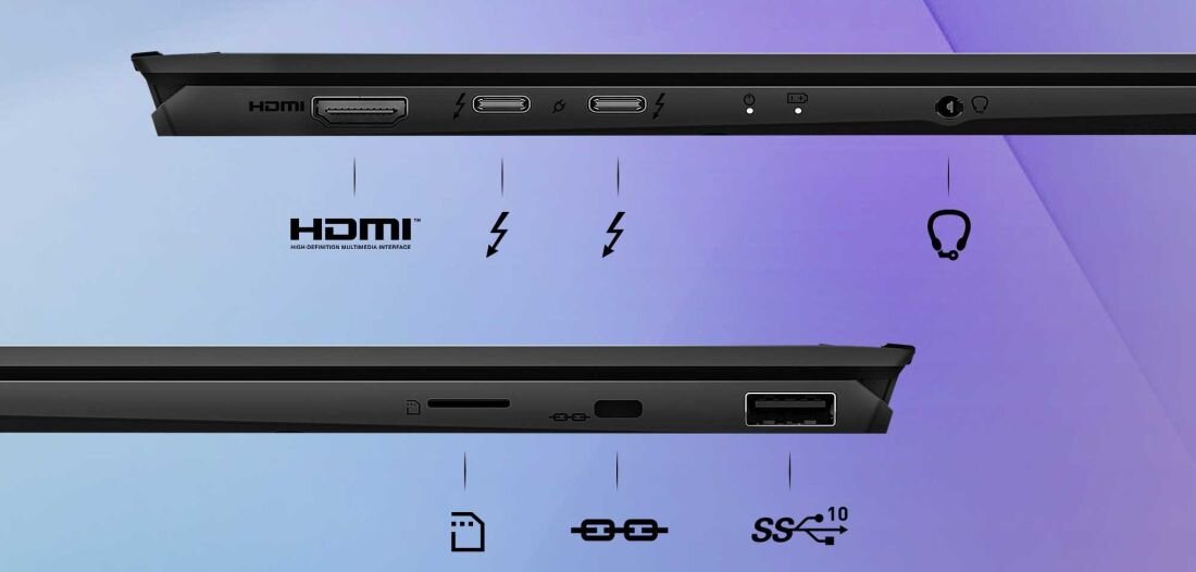 Boczne widoki laptopa MSI Prestige 13 AI Evo – górny panel z portami HDMI, dwoma Thunderbolt 4/USB-C, gniazdem audio i wskaźnikami LED; dolny panel z czytnikiem kart microSD, gniazdem blokady Kensington i portem USB-A, na fioletowo-niebieskim tle, z ikonami opisującymi funkcje poszczególnych złączy. – prezentacja szerokiej gamy złączy i interfejsów.  