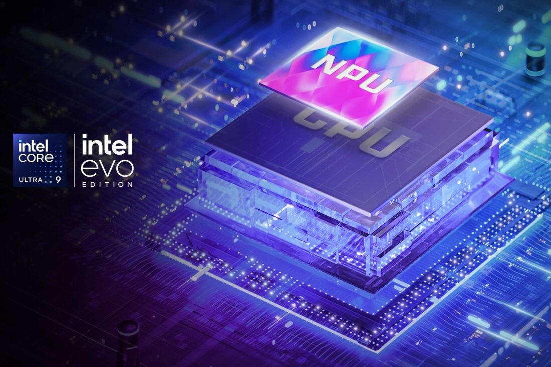 Zbliżenie na procesor z napisem NPU i CPU na tle schematu płyty głównej z podświetleniem w odcieniach niebieskiego i fioletowego, symbol dedykowanej jednostki AI w procesorach Intel Core Ultra. - AMD Ryzen CPU Zen 5, NPU XDNA 2 i GPU RDNA 3.5    