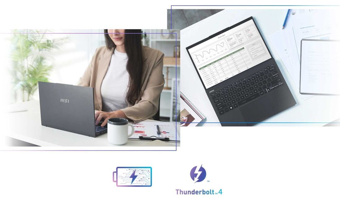Laptop MSI Prestige 13 AI Evo na biurku, po lewej osoba pracująca przy laptopie, po prawej widok z góry na otwarty komputer z arkuszem kalkulacyjnym na ekranie; poniżej ikony symbolizujące szybkie ładowanie baterii i port Thunderbolt 4. - szybkie ładowanie z długim czasem pracy na baterii  