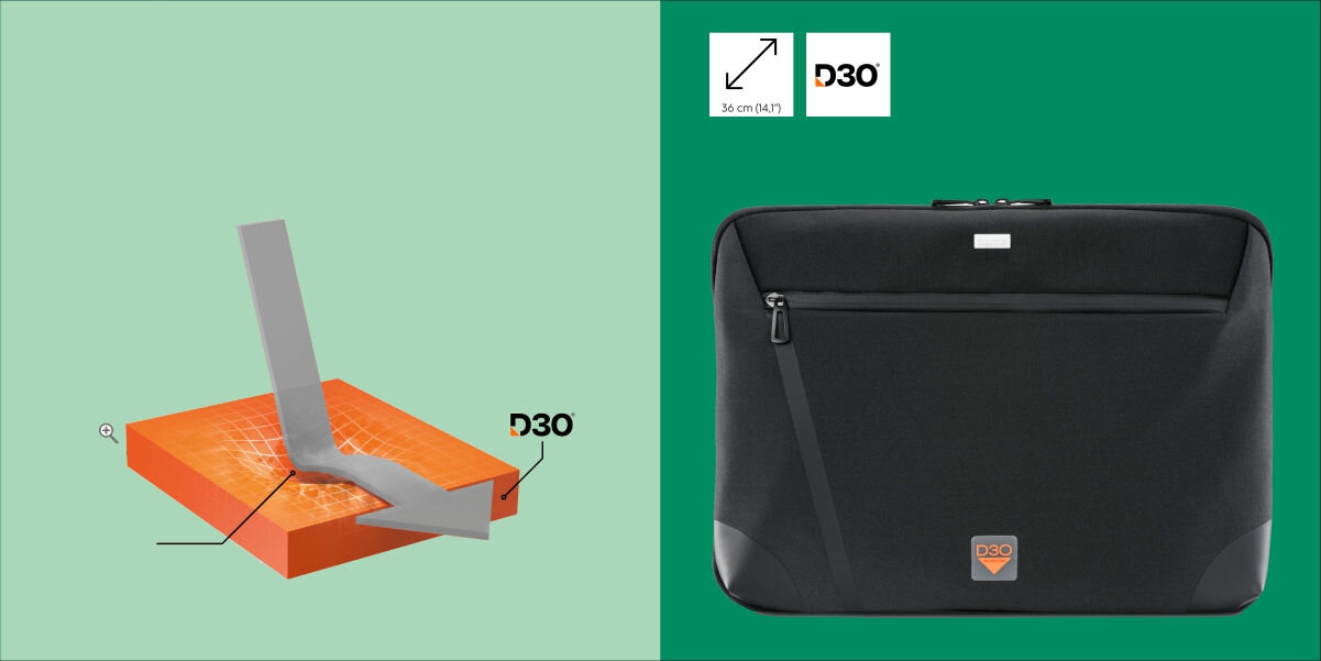 Etui na laptopa HAMA Extreme Protect D30 13.3 - 14.1 cali Ochrona z licencją D3O wizualizacja działania warstwy d30 przekątna 36 cm