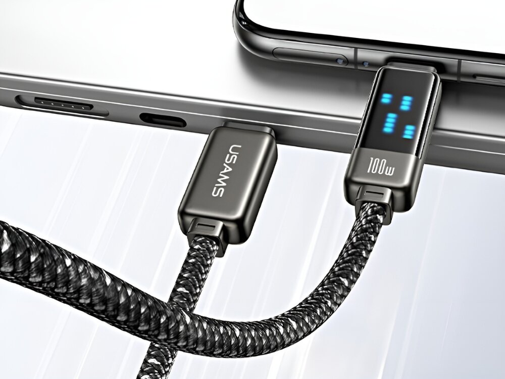 Kabel USAMS US-SJ744
kabel wpięty do laptopa i telefonu port usbc długość szybkie ładowanie smartfon tablet laptop