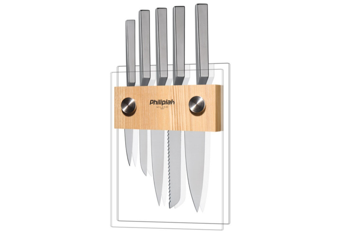 Zestaw noży PHILIPIAK Stalowe w szklanym stojaku stojak wykonanie hartowane szkło drewno komora przechowywanie ochrona estetyka